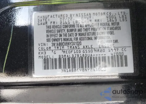 2022 Nissan Sentra Sv Xtronic Cvt z USA, uszkodzony, nr VIN 3N1AB8CV8NY241020